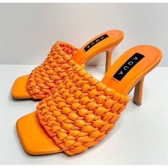 AQUA Orange Woven Heeled Mules Size 6M Square Toe Slip On Heels Sandals - Picture 3 of 7